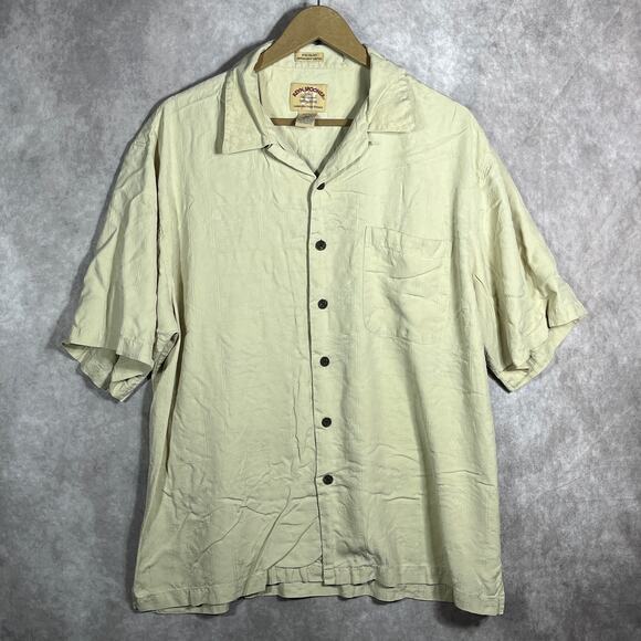 Reyn Sponer 50th Anniversary Shirt Men Large Beige Silk Button Up Hawaiian Beach - Picture 1 of 8